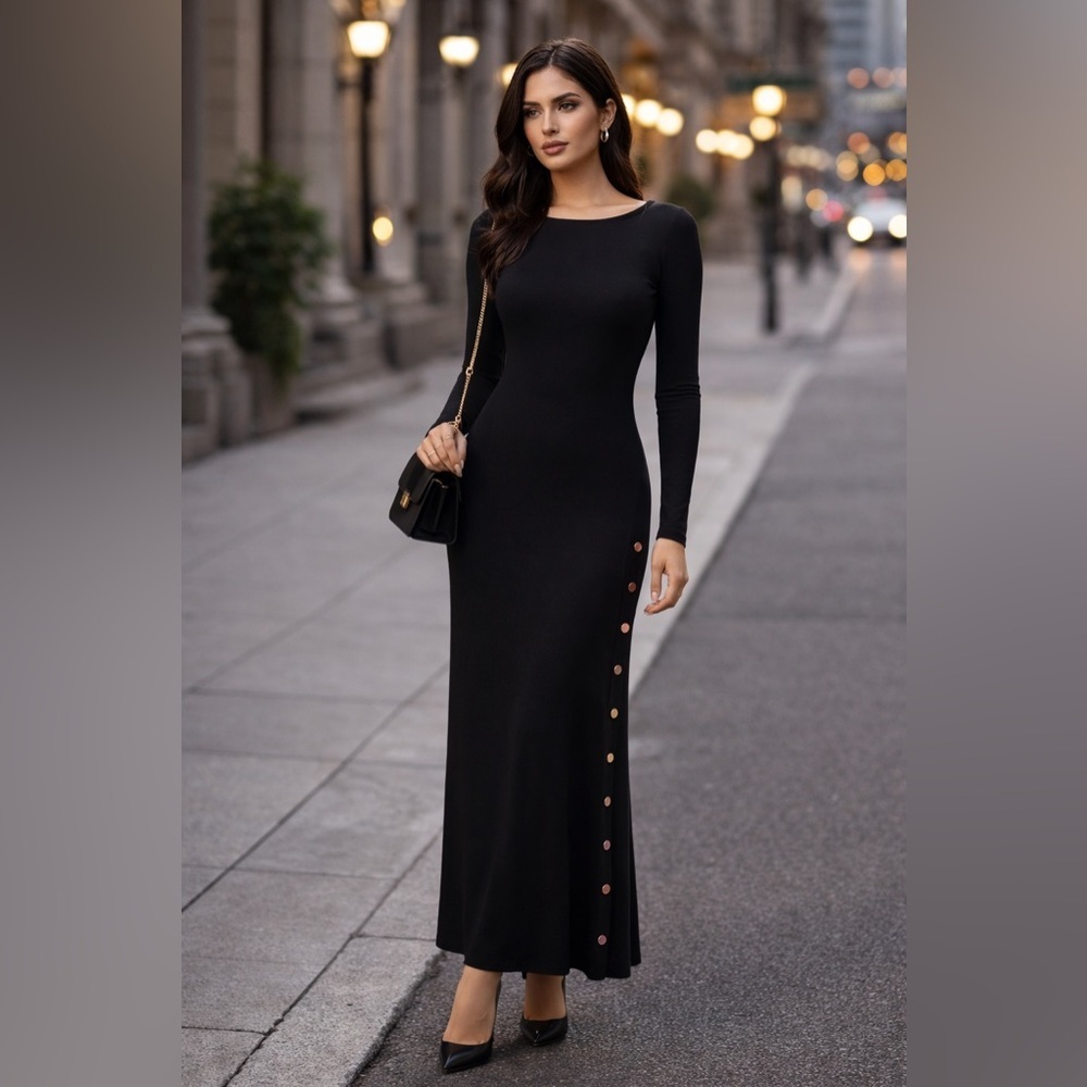 Heart & Hips Elegant Black Long Sleeve Dress with Button Accents